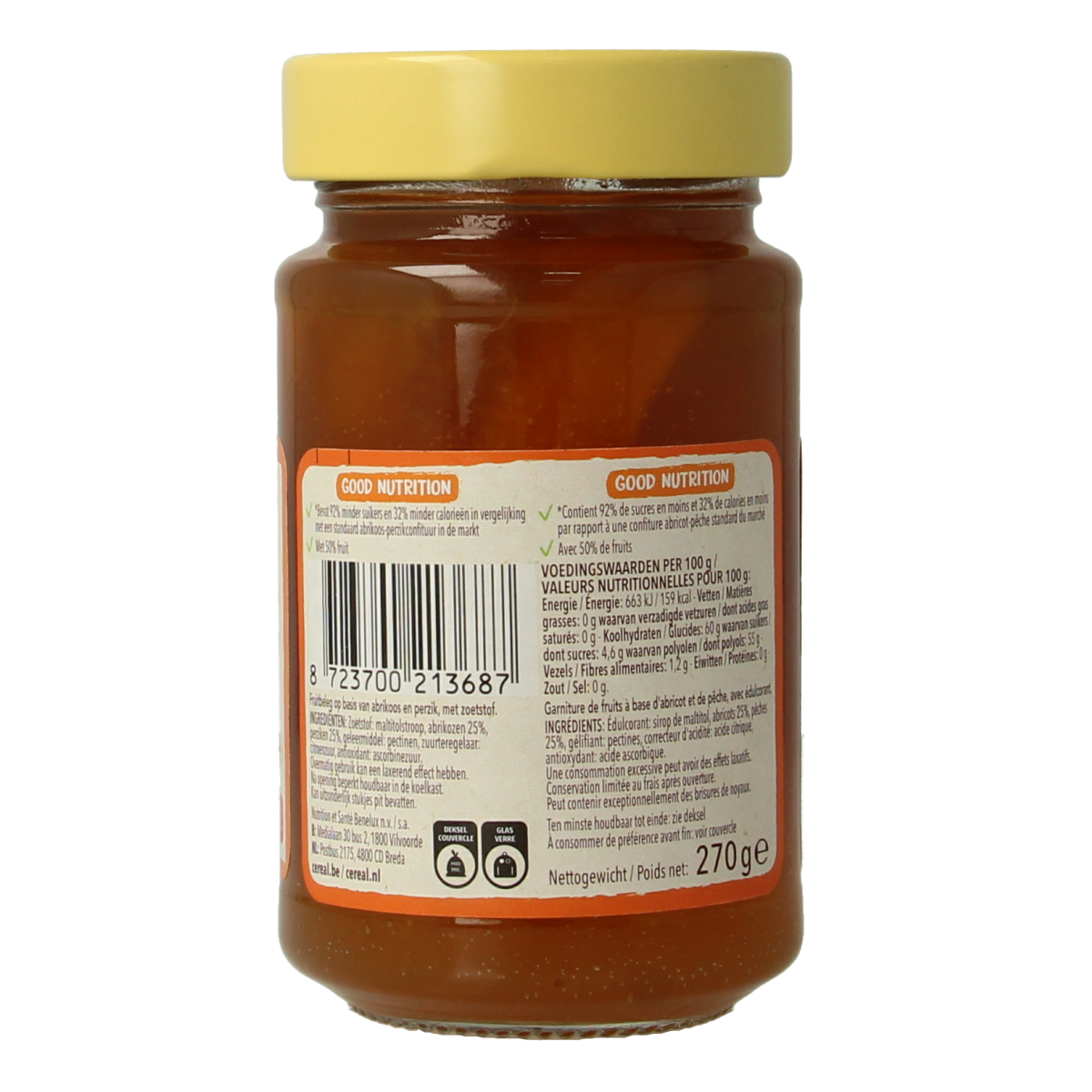 Cereal Fruit abrikoos en perzik broodbeleg op toast, 270g, glanzend fruitspread in een open pot