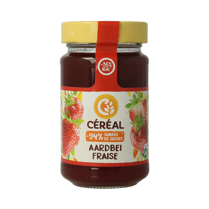 Cereal Fruitbeleg aardbei suikervrij, 270g, fruit spread on bread, made by Cereal, with fresh strawberry appearance.