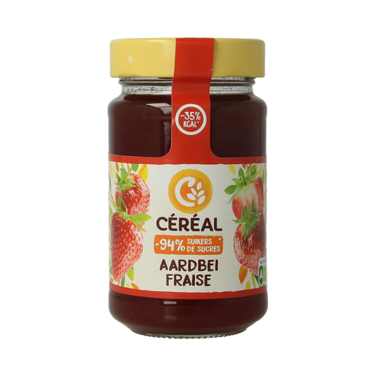 Cereal Fruitbeleg aardbei suikervrij, 270g, fruit spread on bread, made by Cereal, with fresh strawberry appearance.