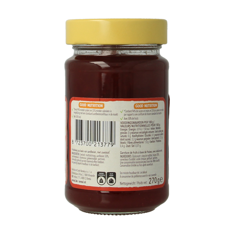 Cereal Fruitbeleg aardbei suikervrij, 270 gram, natural strawberry spread on bread, brand Cereal.