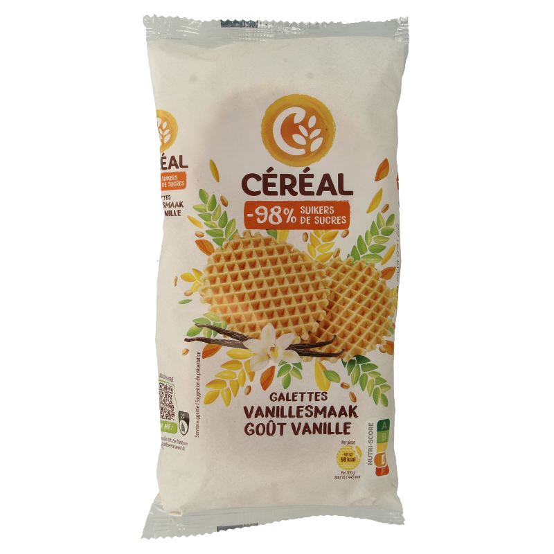Cereal Galetten suikervrij koeken, 175g, featuring golden, round cereal cookies with a crisp texture and minimal sugar content.