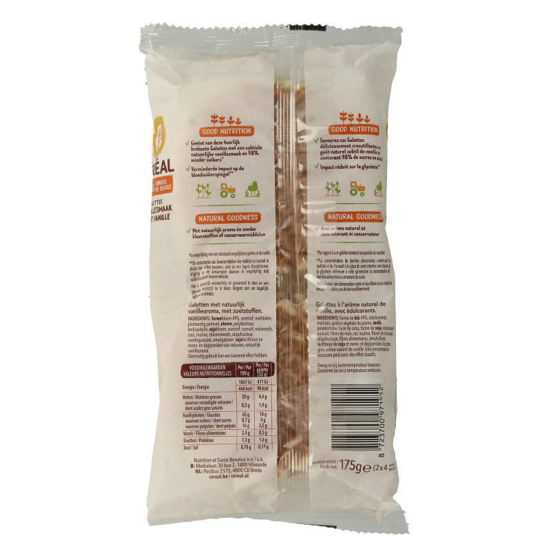 Cereal suikervrij galetten koeken in 175g package, crispy and golden, with visible cereal grains on the surface.
