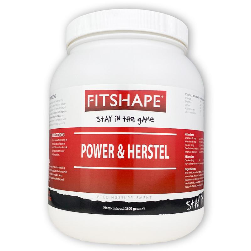 Fitshape Power & Herstel I Vanille amino acids supplement in 1200g jar, showing the product container with label.