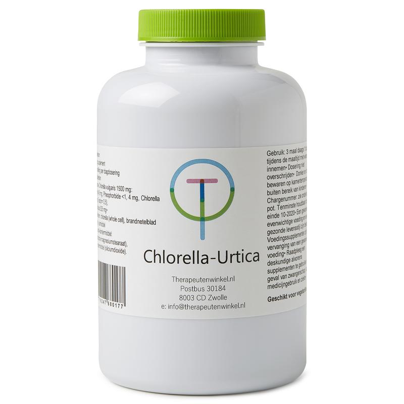 Therapeutenwinkel Chlorella urtica herbal supplement in a bottle of 200 tablets, used as a natural herbal preparation.
