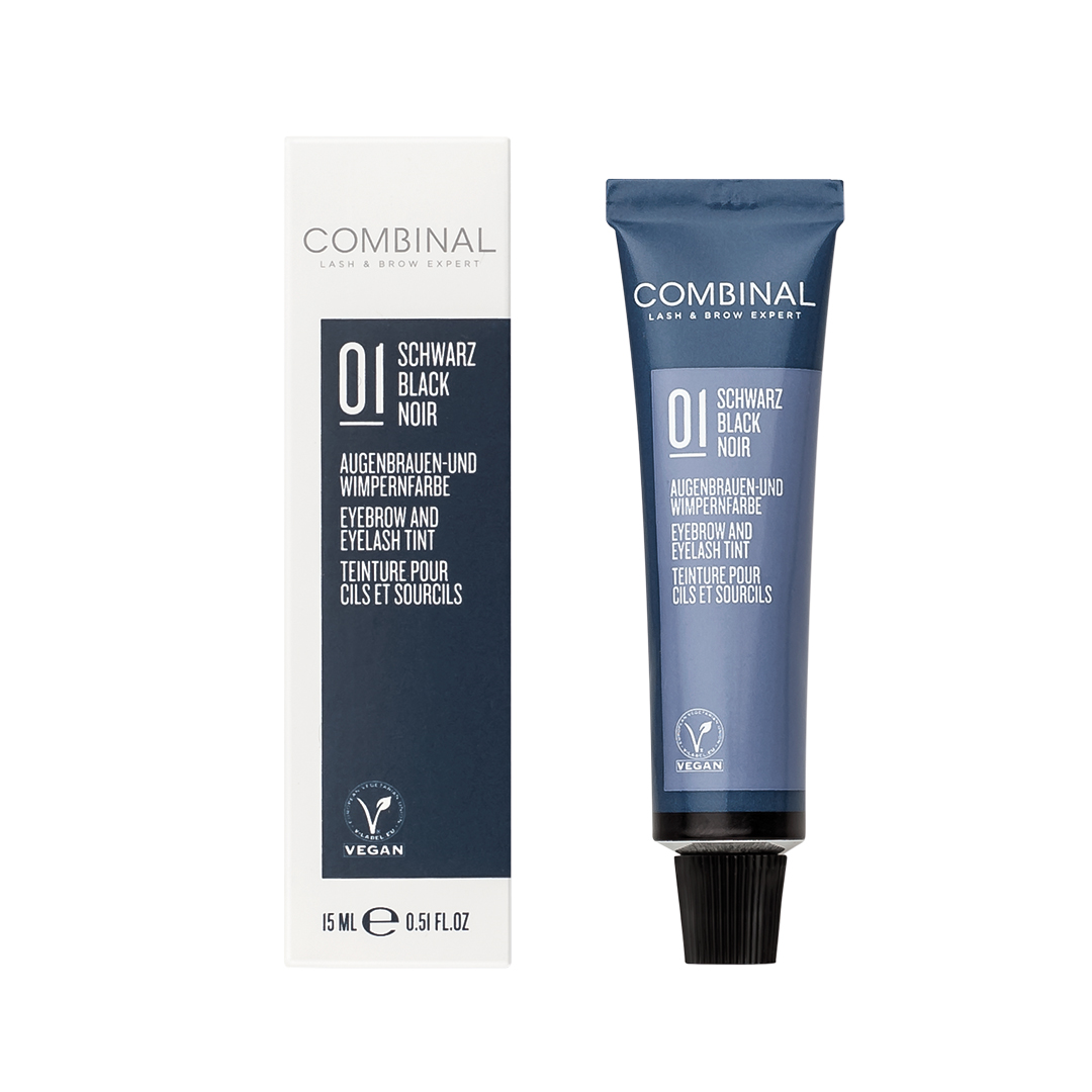 Combinal Wenkbrauwen wimperverf zwart, 15 ml, make-up product for eyebrows and eyelashes with black color.