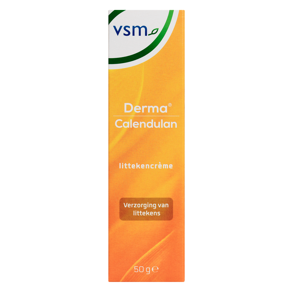 VSM Calendulan derma littekencreme 50g tube, a skincare product for scars and skin healing, with a white and orange packaging design.