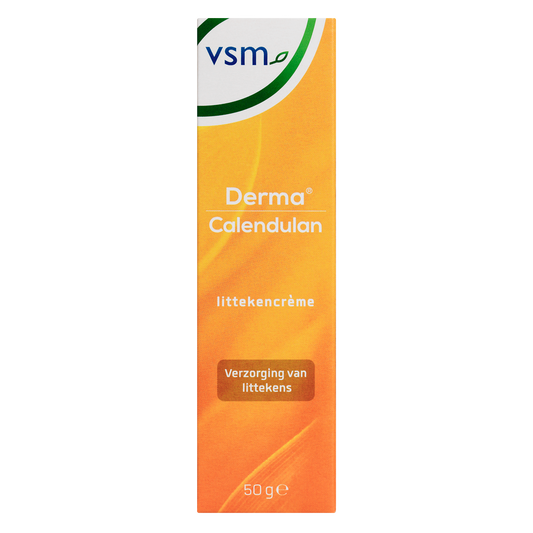 VSM Calendulan derma littekencreme 50g tube, a skincare product for scars and skin healing, with a white and orange packaging design.