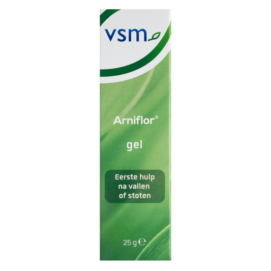 VSM Arniflor gel voor spier- en gewrichtsverzorging, 25g, zichtbaar in een tube met logo en tekst op de verpakking