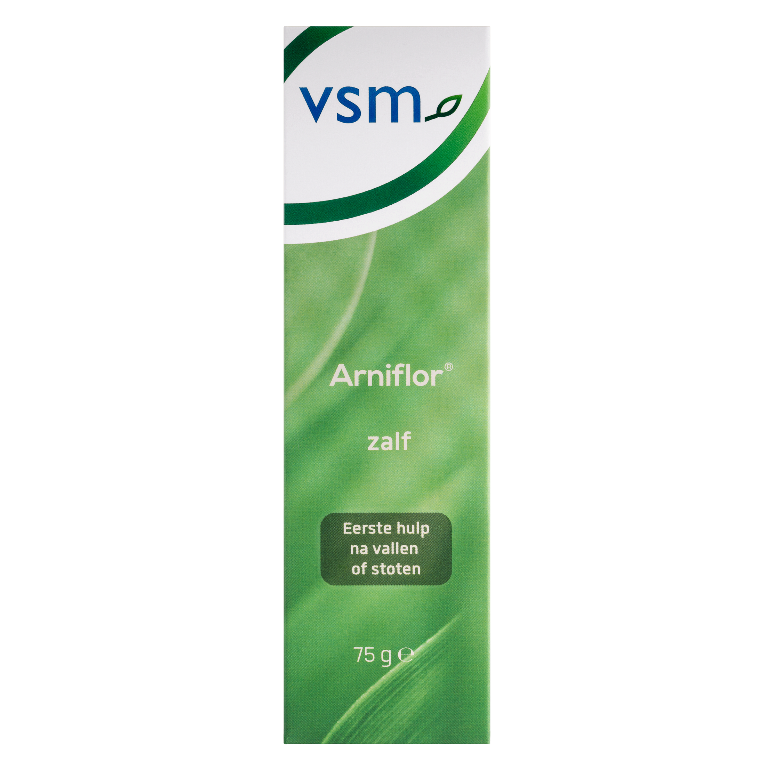VSM Arniflor first aid ointment 75g tube, part of EHBO sets, with white and green packaging and product label visible.