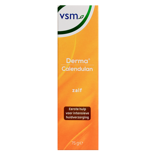 VSM Calendulan derma zalf 75g tube, a body care ointment with herbal ingredients, shown in the image.