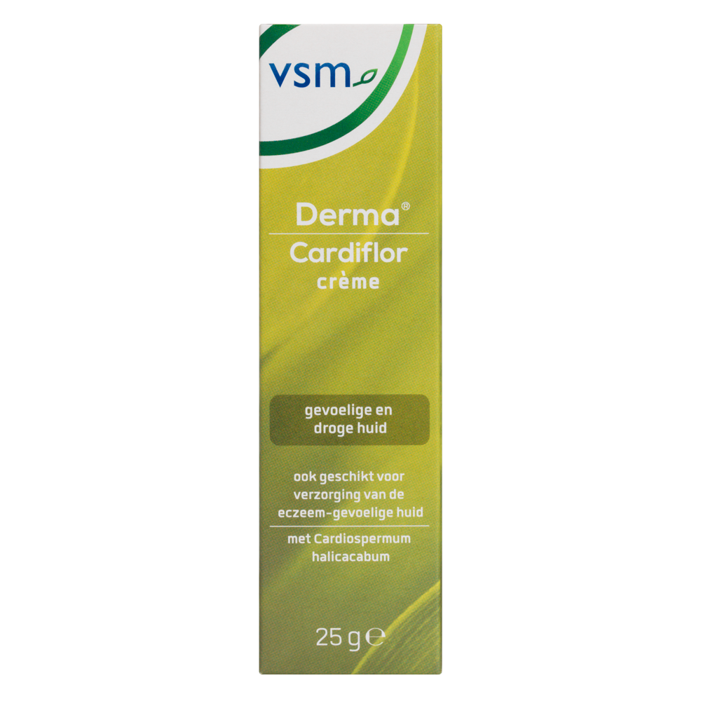 VSM Cardiflor derma creme 25g, a body care cream with soothing formula, shown in a tube for skin hydration and care.