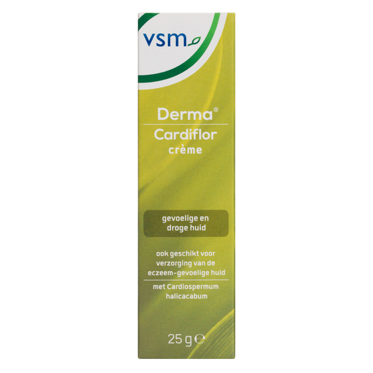 VSM Cardiflor derma creme 25g, a body care cream with soothing formula, shown in a tube for skin hydration and care.