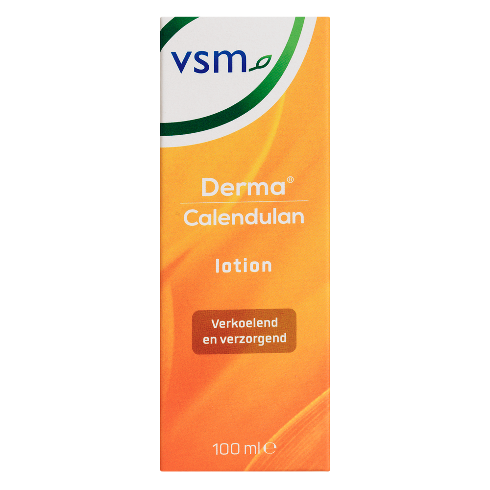 VSM Calendulan derma lotion 100ml for skin care, shown in a clear bottle with a white label and blue cap.