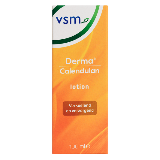 VSM Calendulan derma lotion 100ml for skin care, shown in a clear bottle with a white label and blue cap.