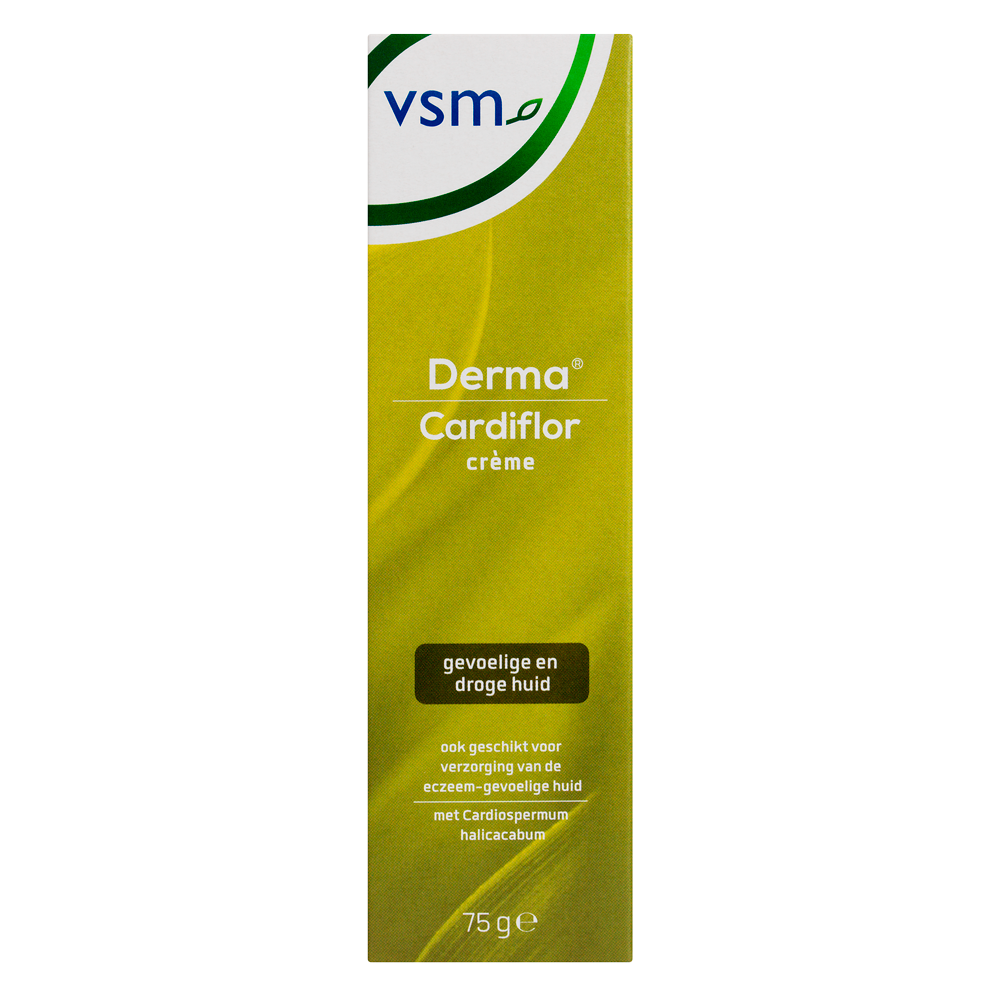VSM Cardiflor derma crème 75g, moisturizing body care cream in a white tube with blue accents, designed for skin hydration.