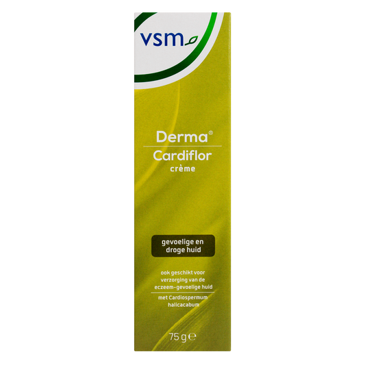 VSM Cardiflor derma crème 75g, moisturizing body care cream in a white tube with blue accents, designed for skin hydration.