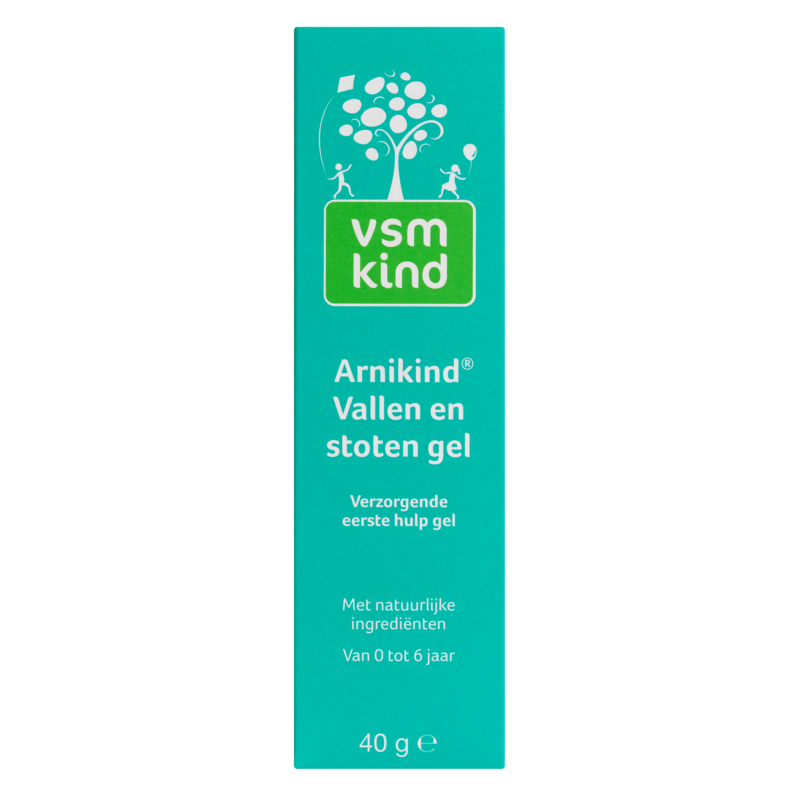 VSM Arnikind baby vallen en stoten gel for ages 0-6 years, 40g, in a white tube with blue and green accents.