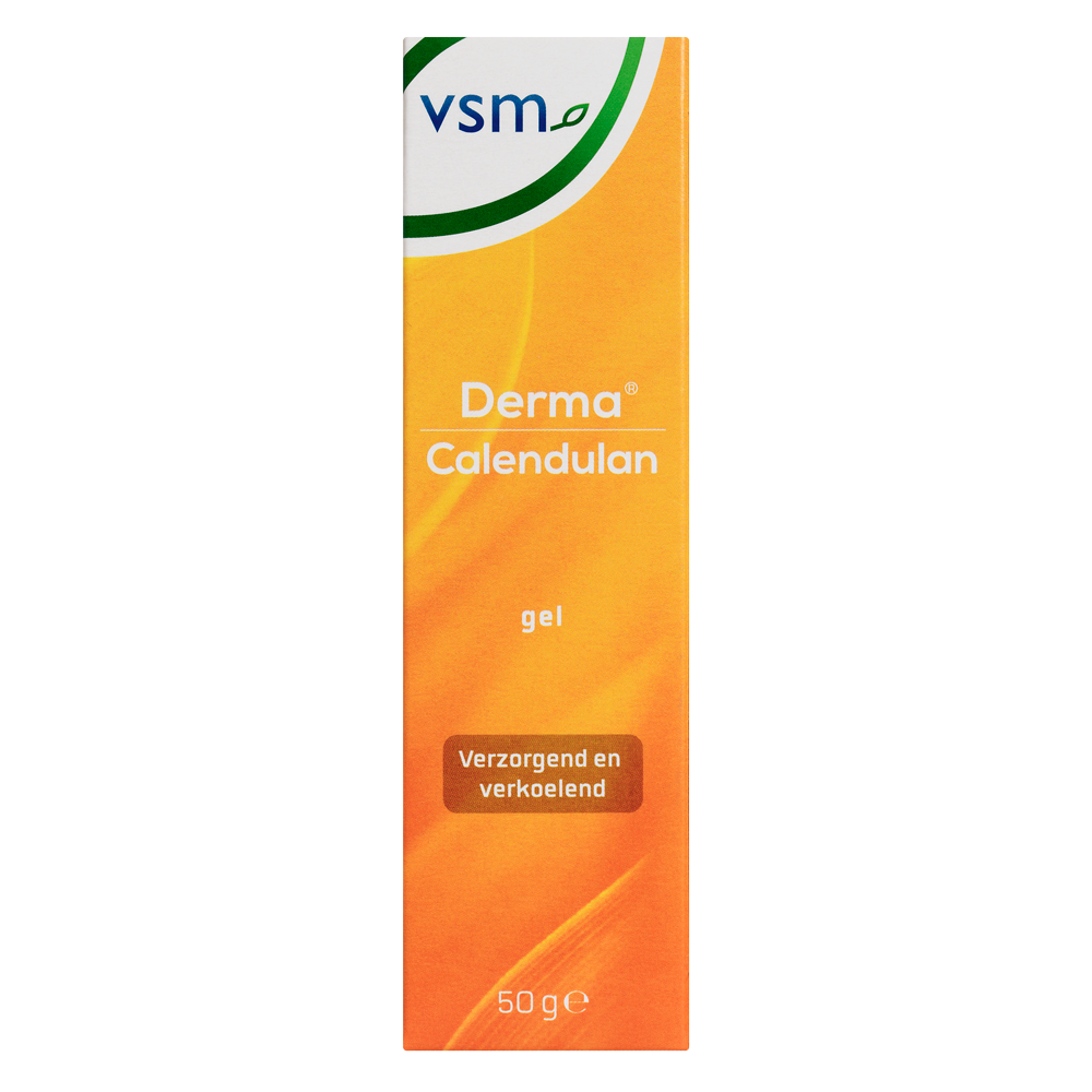 VSM Calendulan derma gel 50g tube, a body care product with a white gel texture, designed for skin soothing and care.
