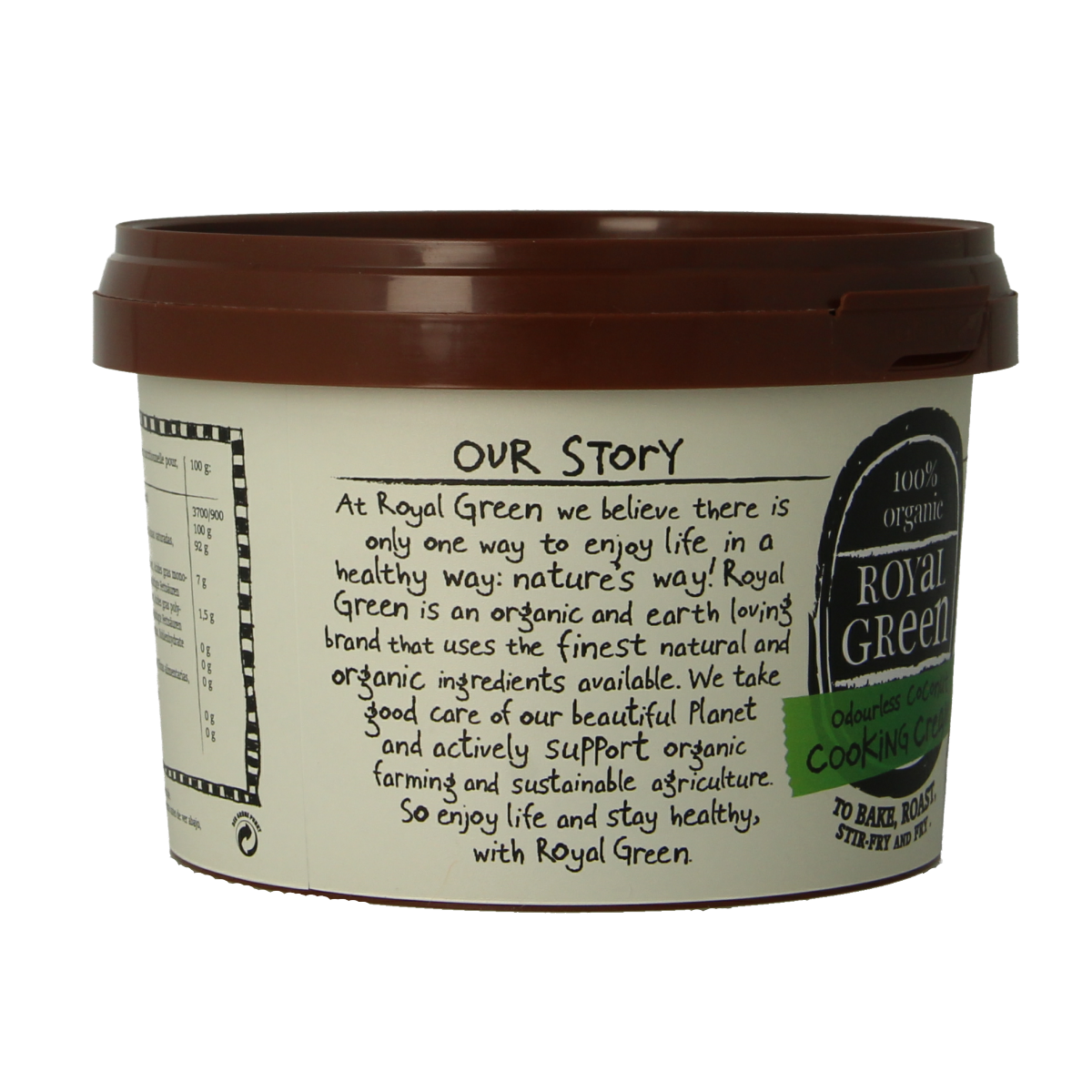 Royal Green Kokos cooking cream odourless bio in a 500ml bottle, natural coconut-based oil and fat for cooking and baking.