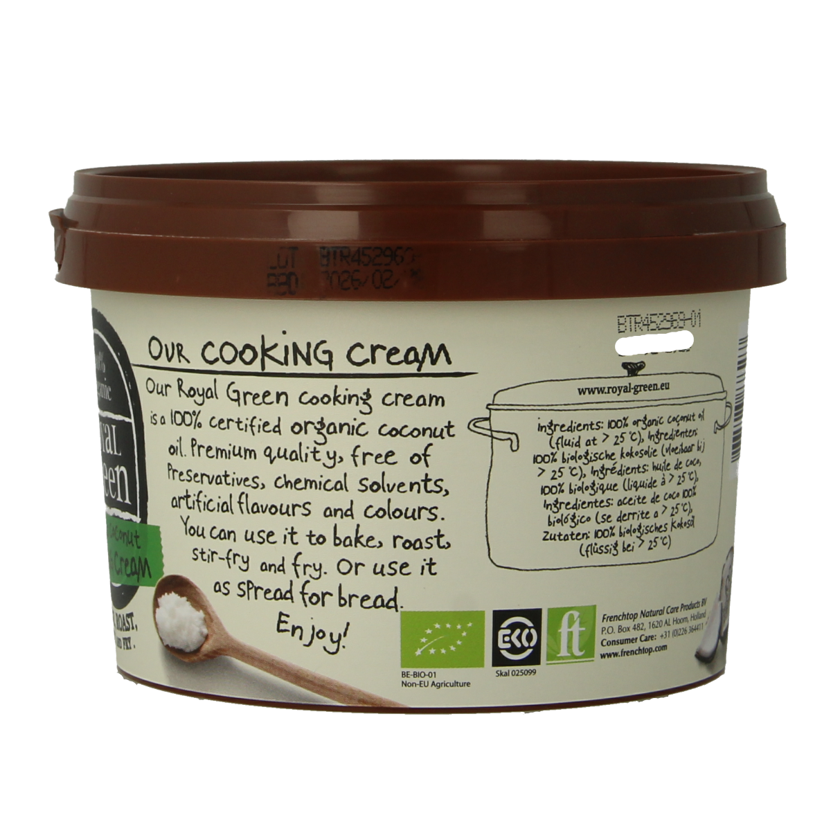 Royal Green Kokos cooking cream odourless bio in 500ml bottle, organic coconut-based oil and fat for cooking.