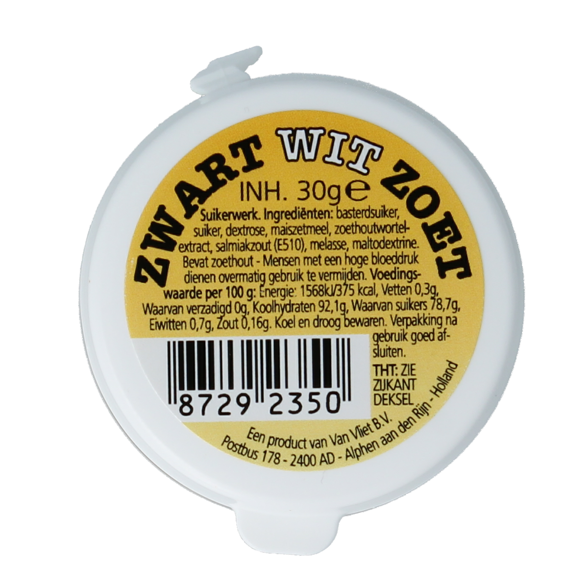 Van Vliet Zwart Witte Zoete Snoepgoed, 30g, showing black and white candies in a clear container.