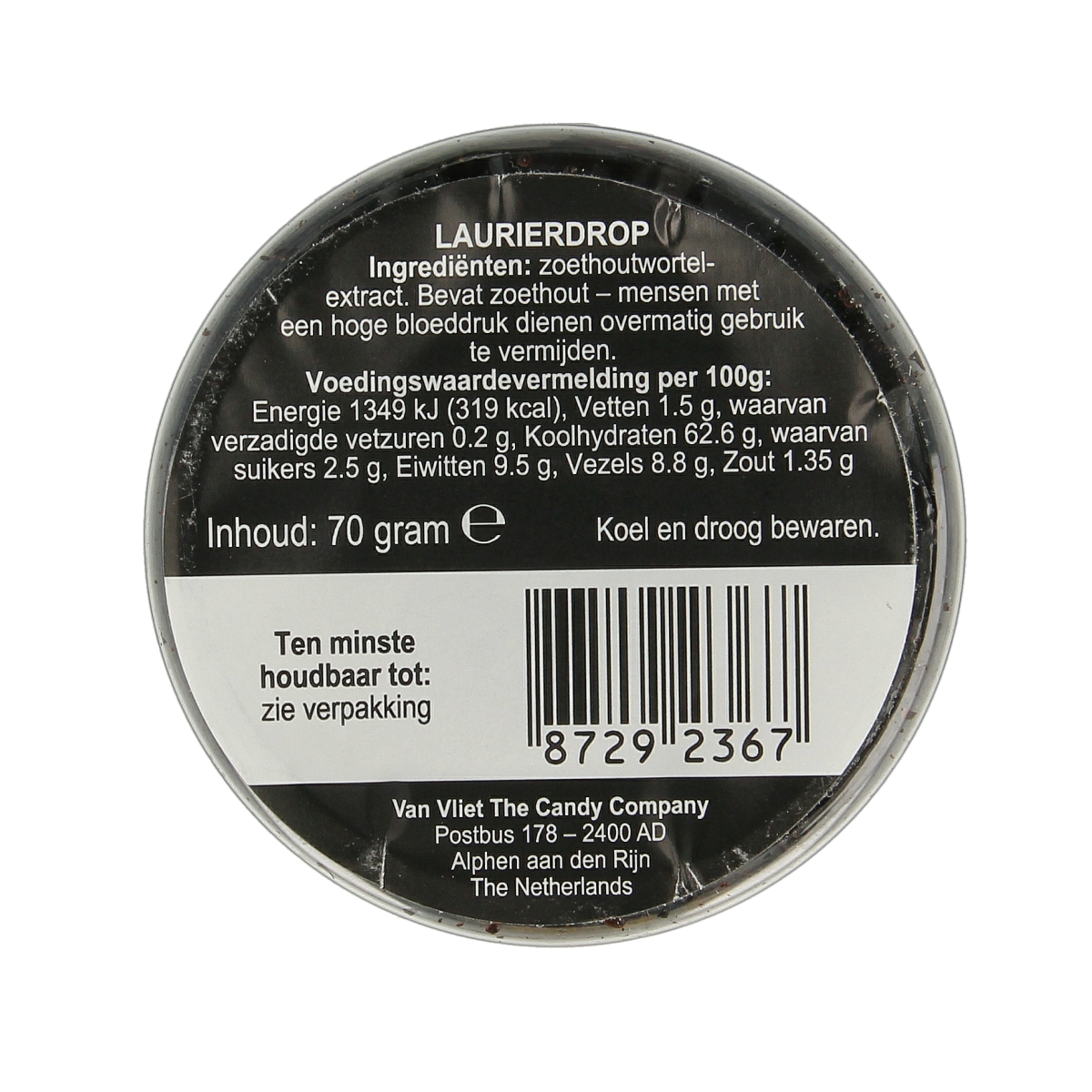Meenk Laurierdrop snoepgoed in 70g package, soft lavender-flavored candies with purple wrapping and branded packaging.