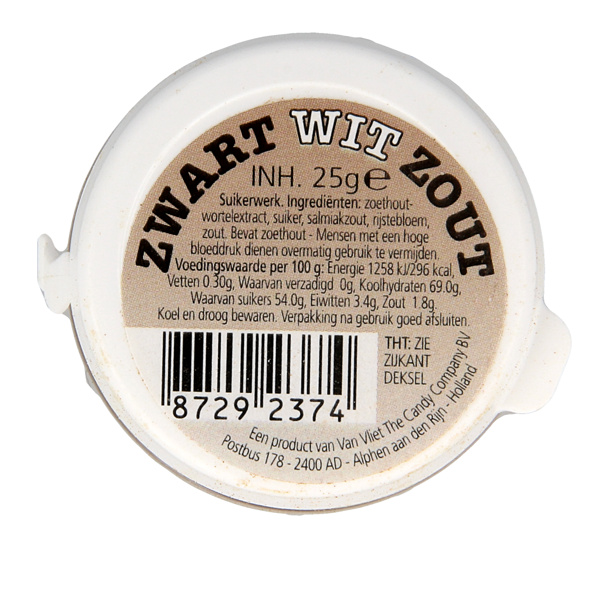 Van Vliet Zwart Wit Zout snoepgoed in 25g packet, showing black and white salty candy pieces.