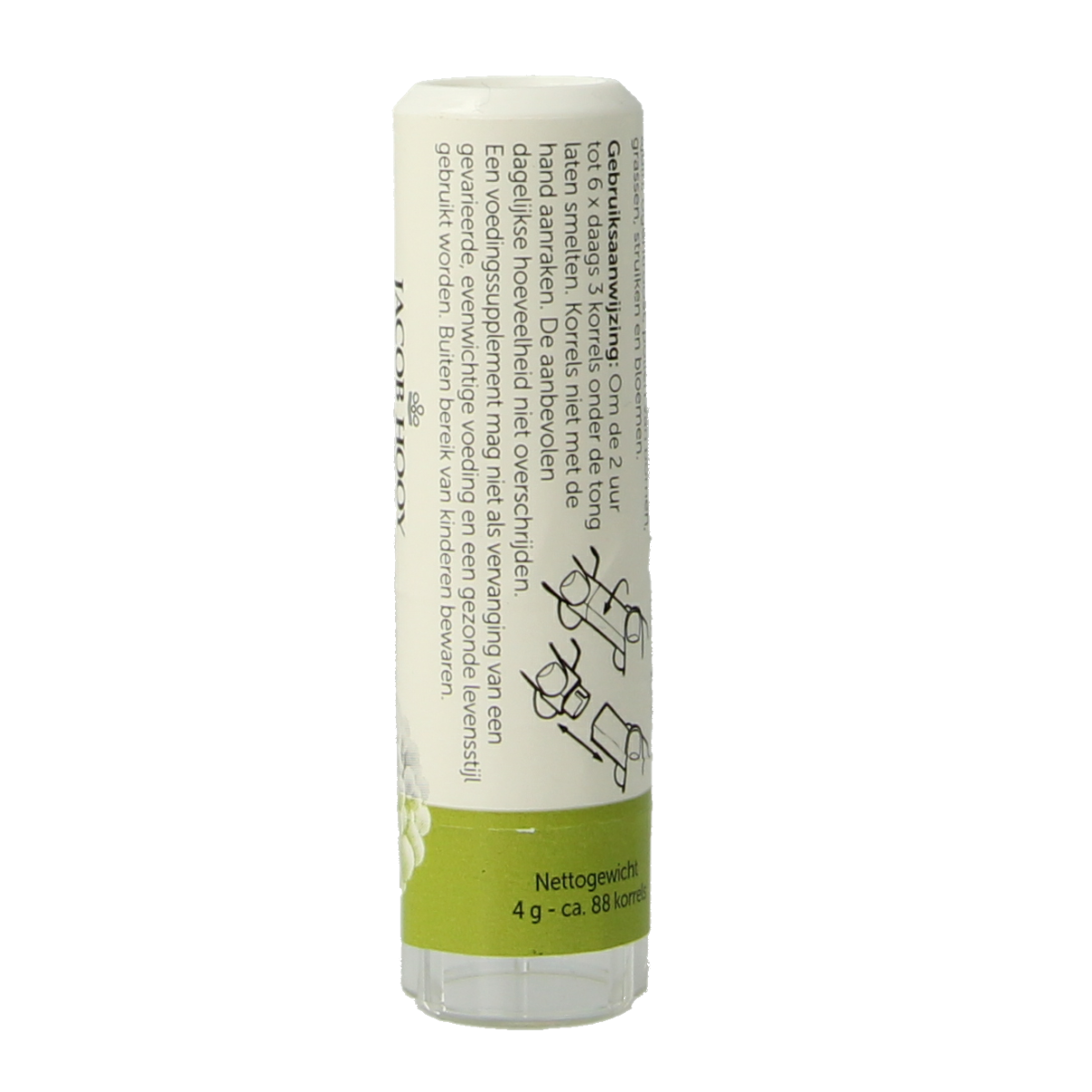 Jacob Hooy herbal supplement package with 88 herbal pellets, featuring natural plant-based ingredients in a clear plastic container.