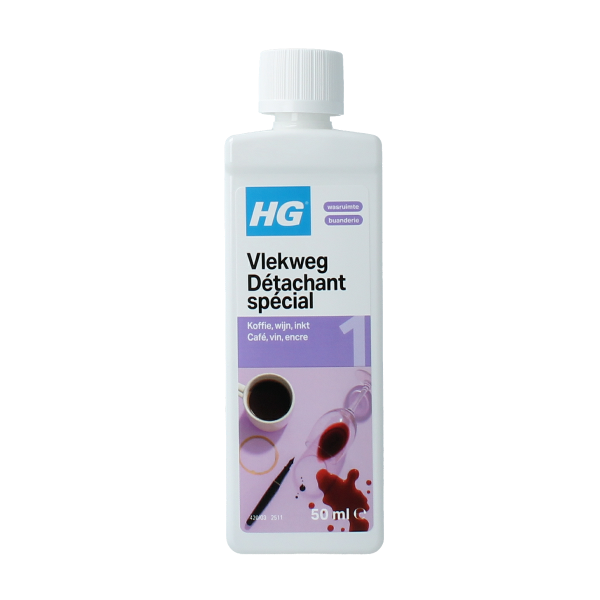 HG Vlekweg nr. 1 cleaning product for coffee and tea stains, 50ml bottle, effective stain remover from HG cleaning supplies.