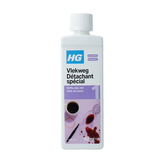 HG Vlekweg nr. 1 cleaning product for coffee and tea stains, 50ml bottle, effective stain remover from HG cleaning supplies.