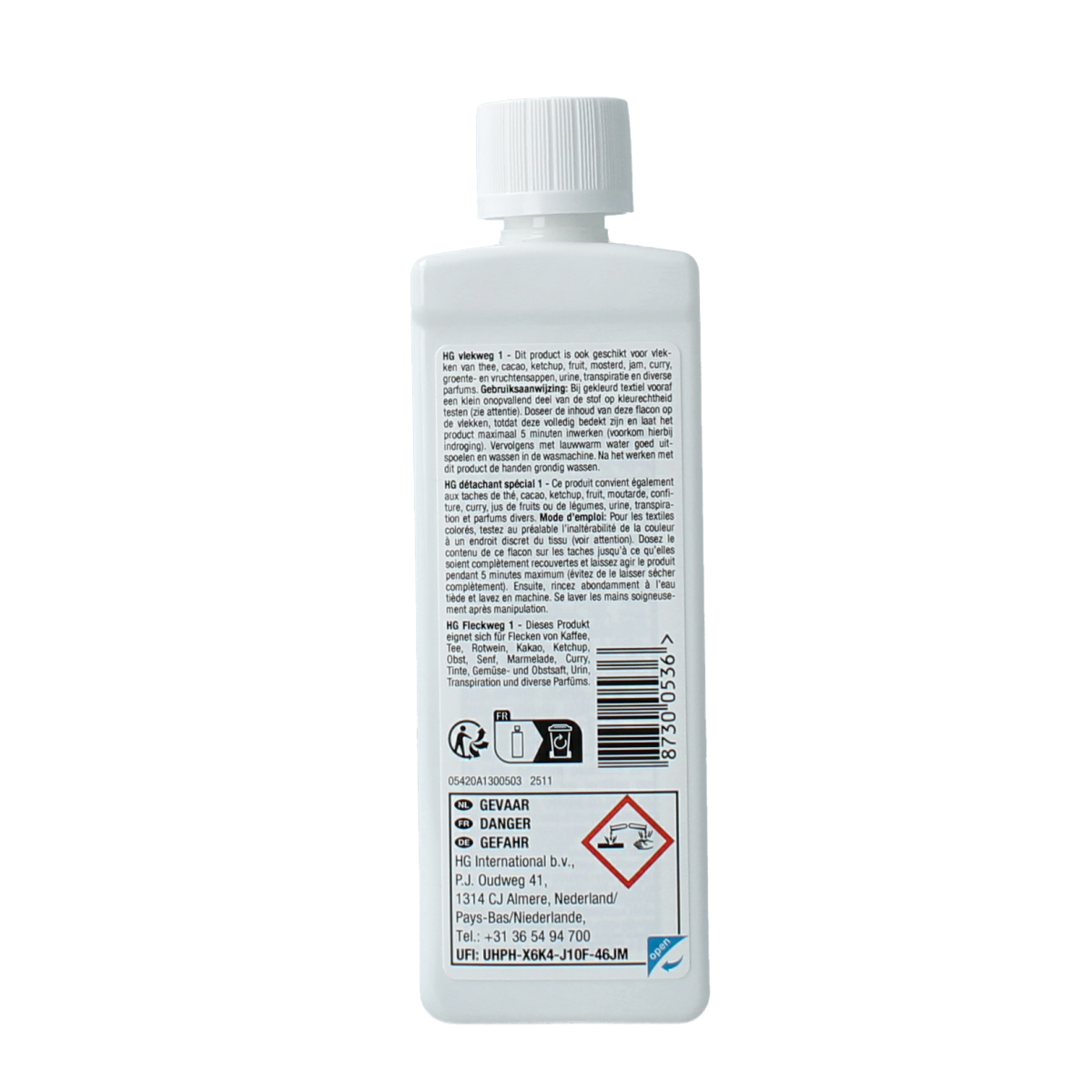 HG Vlekweg nr. 1 cleaning product for coffee, tea, and stains, 50ml bottle, suitable for household stain removal.