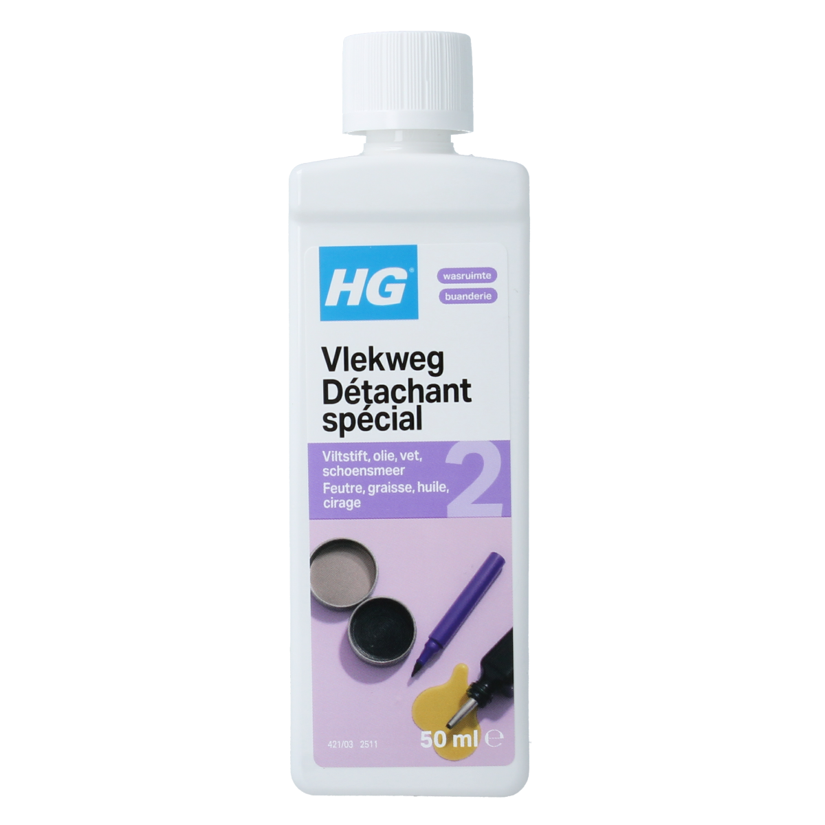 HG Vlekweg nr. 2 shoe cleaner and stain remover in a 50ml bottle, suitable for leather, fabric, and suede shoes.