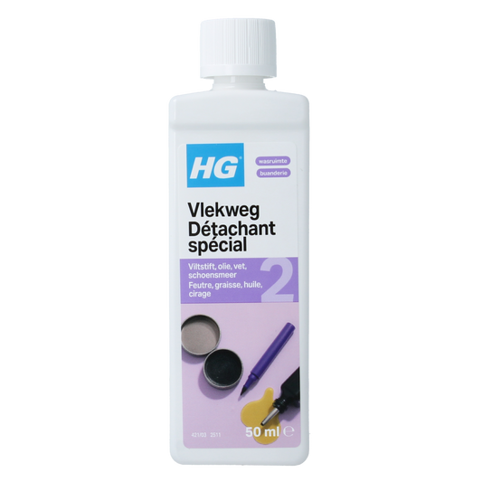 HG Vlekweg nr. 2 shoe cleaner and stain remover in a 50ml bottle, suitable for leather, fabric, and suede shoes.