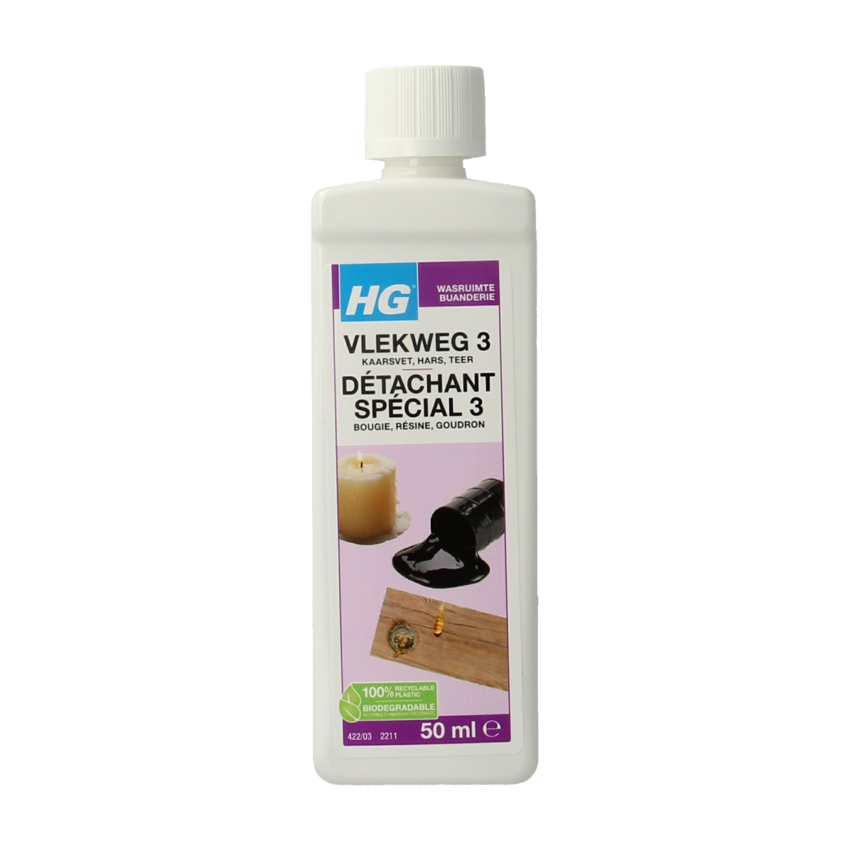 HG Vlekweg nr. 3 cleaning product in 50ml bottle, used for removing wax, resin, and stains from surfaces.
