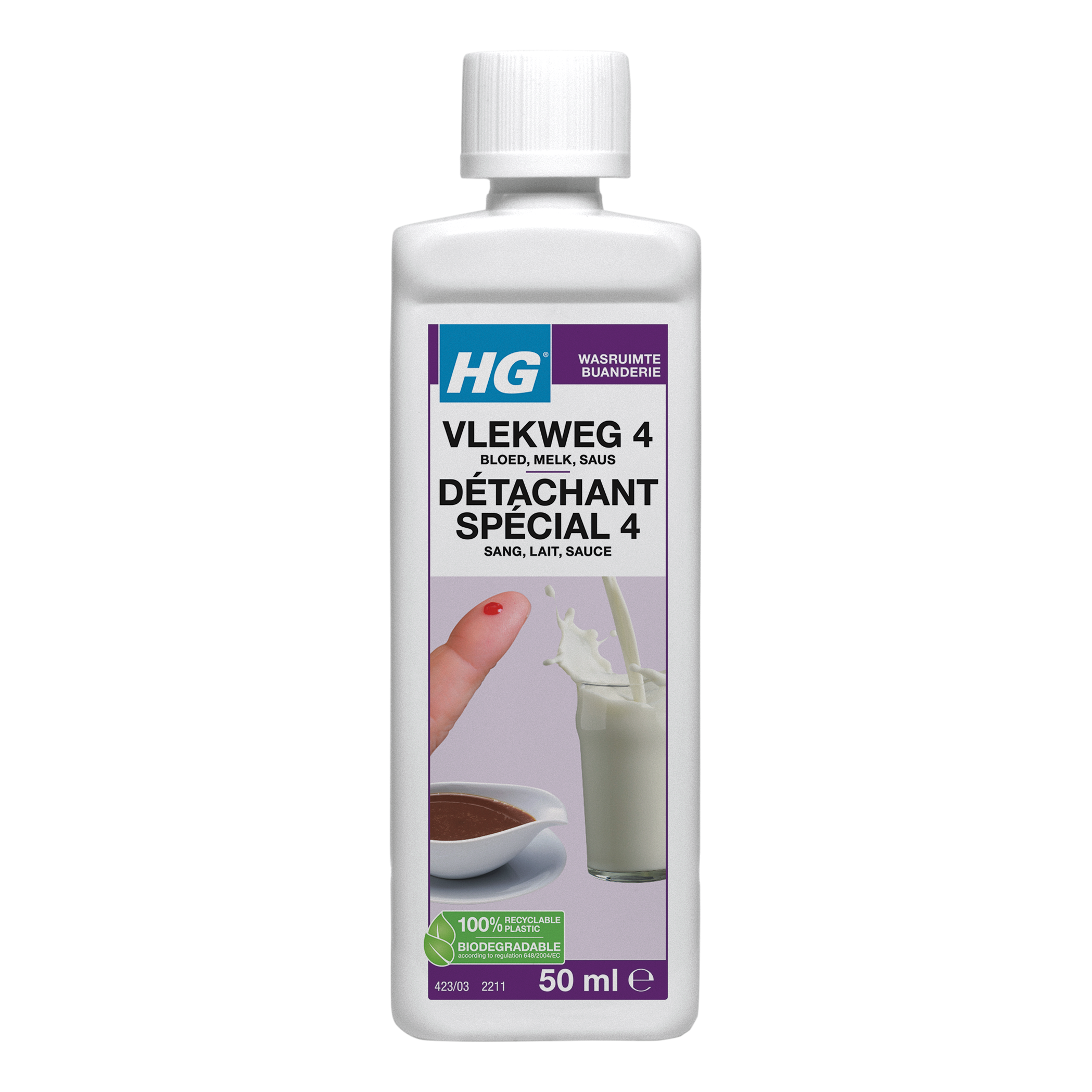 HG Vlekweg nr. 4 blood, egg, and sauce stain remover cleaner 50ml for effective stain removal on fabric and surfaces.