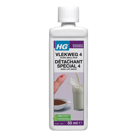 HG Vlekweg nr. 4 blood, egg, and sauce stain remover cleaner 50ml for effective stain removal on fabric and surfaces.