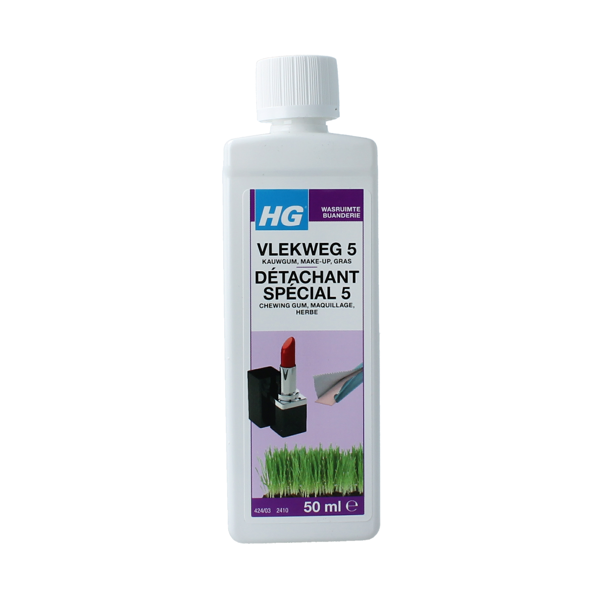 HG Vlekweg nr. 5 cleaning product for makeup, grass, and stains in a 50ml bottle, designed for effective stain removal.