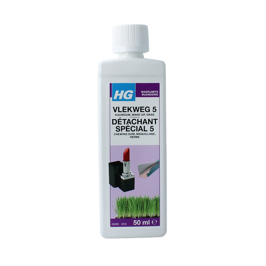 HG Vlekweg nr. 5 cleaning product for makeup, grass, and stains in a 50ml bottle, designed for effective stain removal.