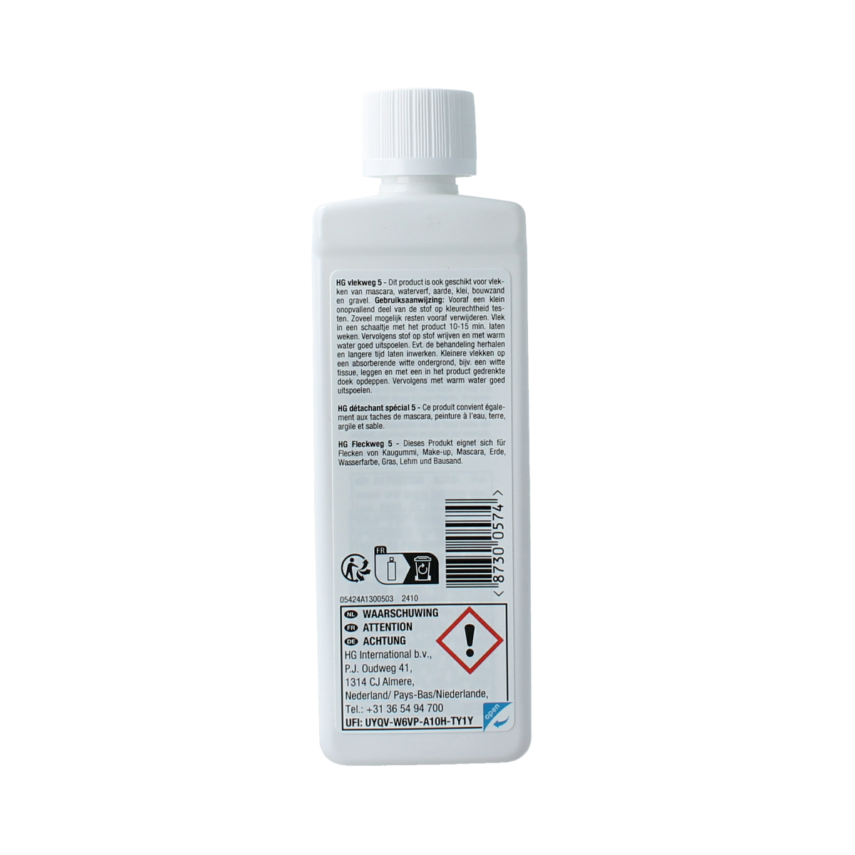 HG Vlekweg nr. 5 make-up remover and cleaning solution in 50ml bottle, ideal for makeup and grease removal.