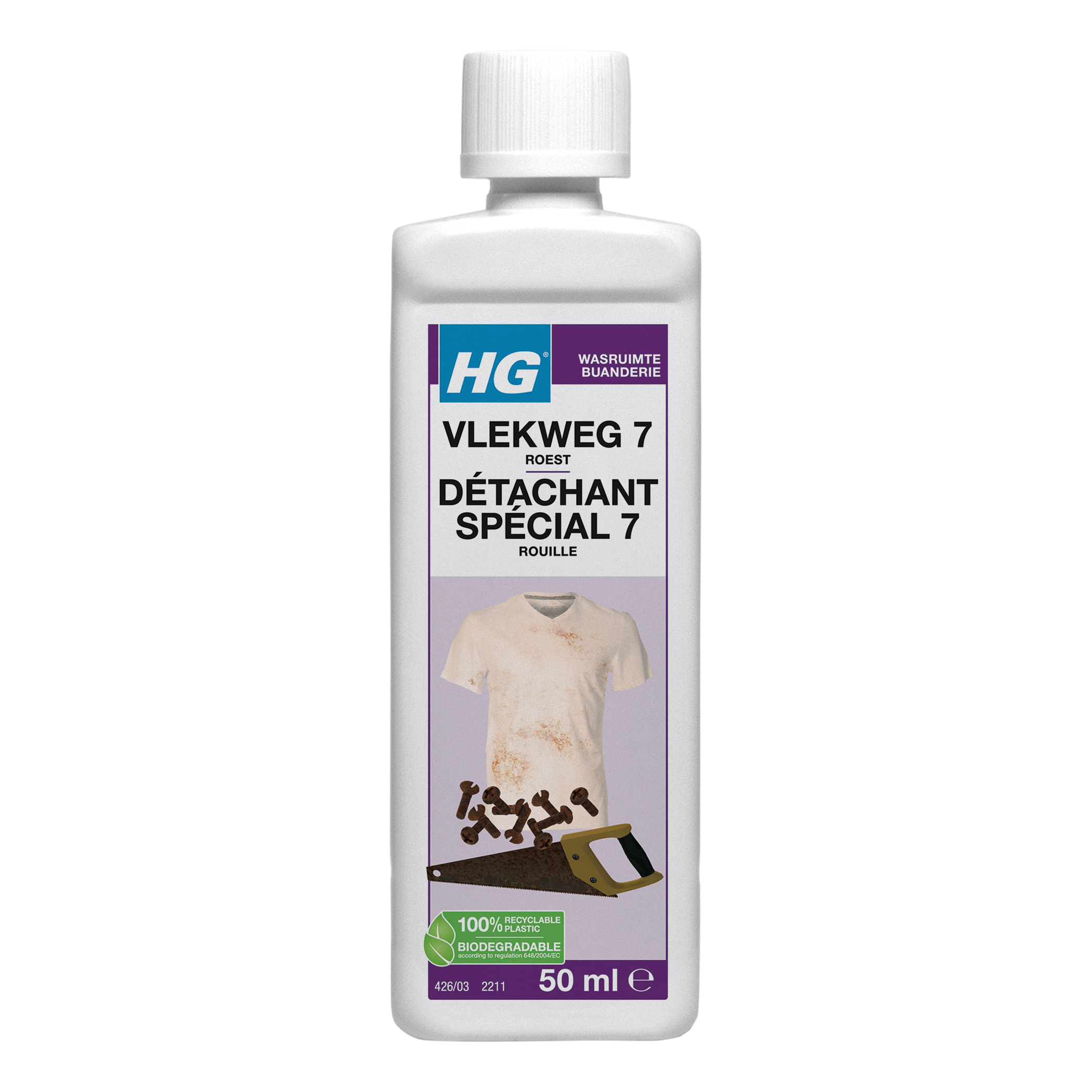 HG Vlekweg nr. 7 roest cleaning product in 50ml bottle, used for removing rust stains from surfaces.