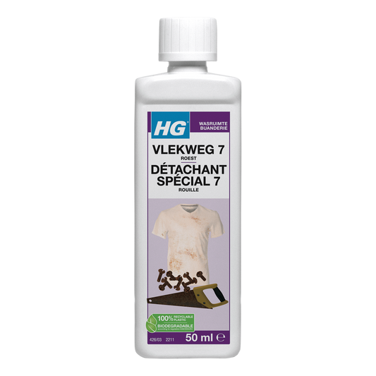 HG Vlekweg nr. 7 roest cleaning product in 50ml bottle, used for removing rust stains from surfaces.
