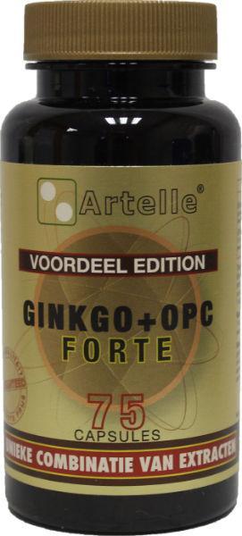 Artelle Ginkgo & OPC forte 75 capsules in a bottle, herbal supplement for cognitive health and antioxidant support.