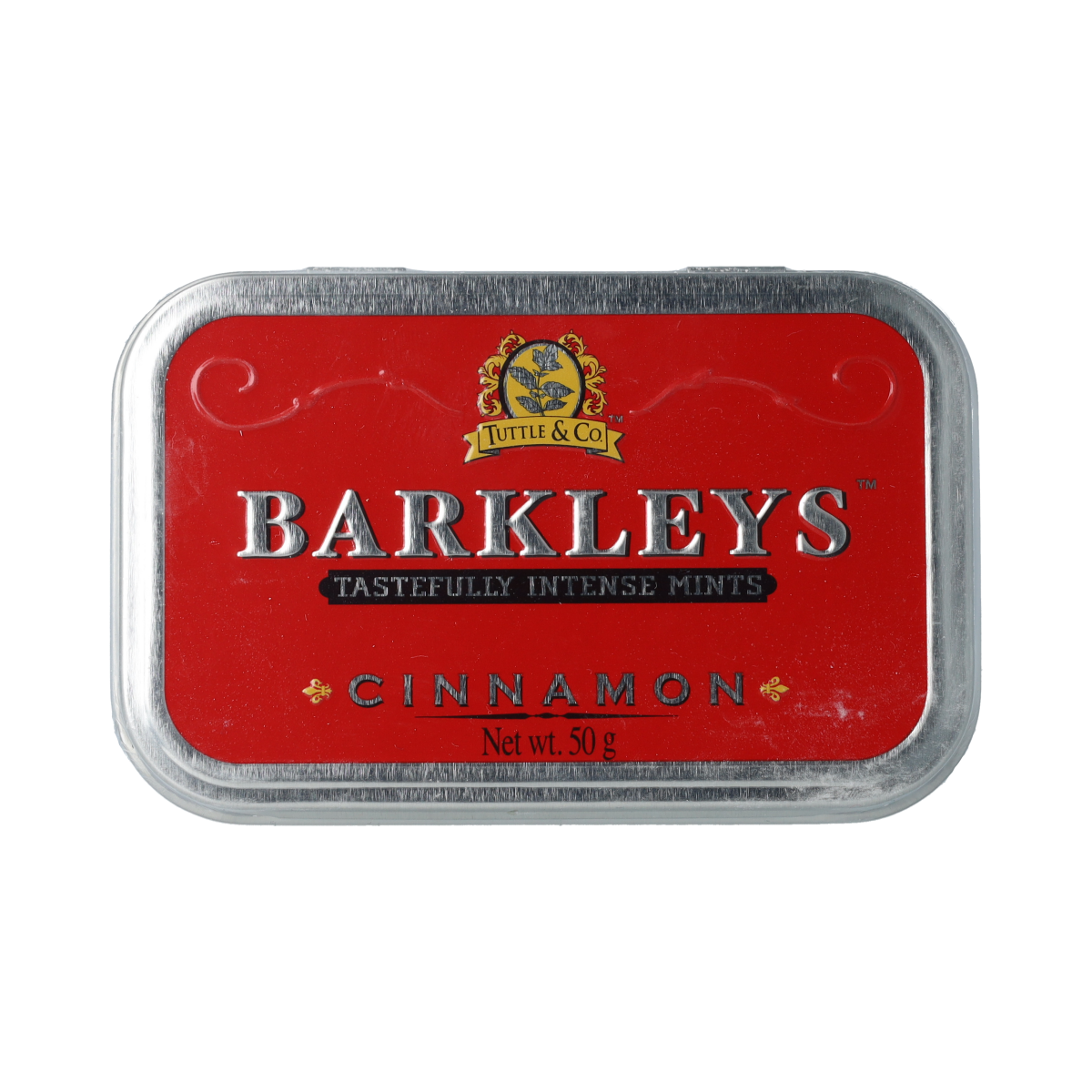Barkleys Classic Mints Cinnamon candy package, 50 grams, featuring red and white packaging with mints inside.