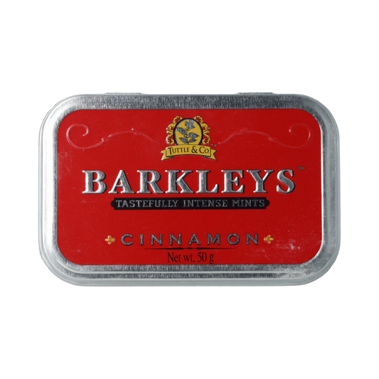 Barkleys Classic Mints Cinnamon candy package, 50 grams, featuring red and white packaging with mints inside.