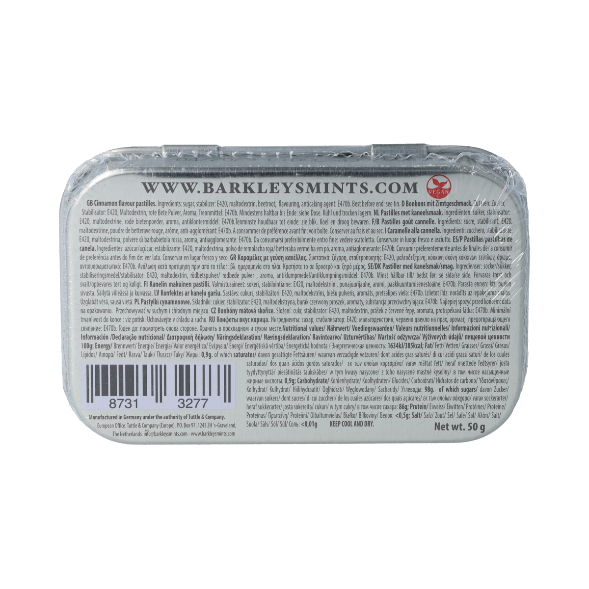 Barkleys Classic Mints Cinnamon, 50g bag of cinnamon-flavored candy, featuring colorful mints in a clear bag.