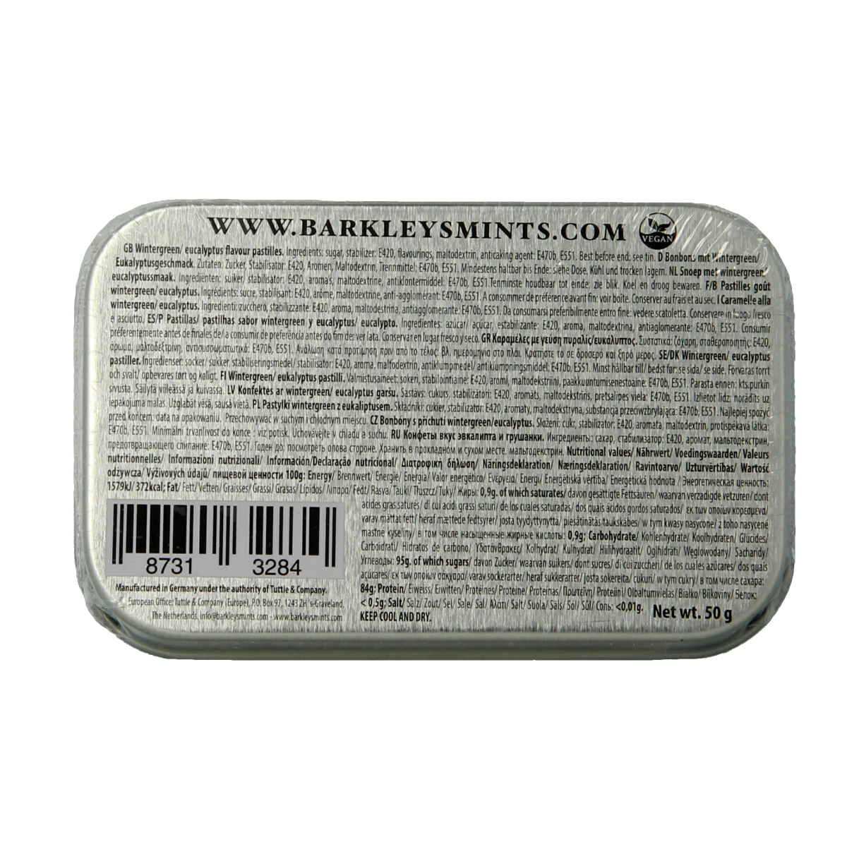 Barkleys Classic Mints Wintergreen candy in a 50g package, featuring green mint candies with a glossy coating.