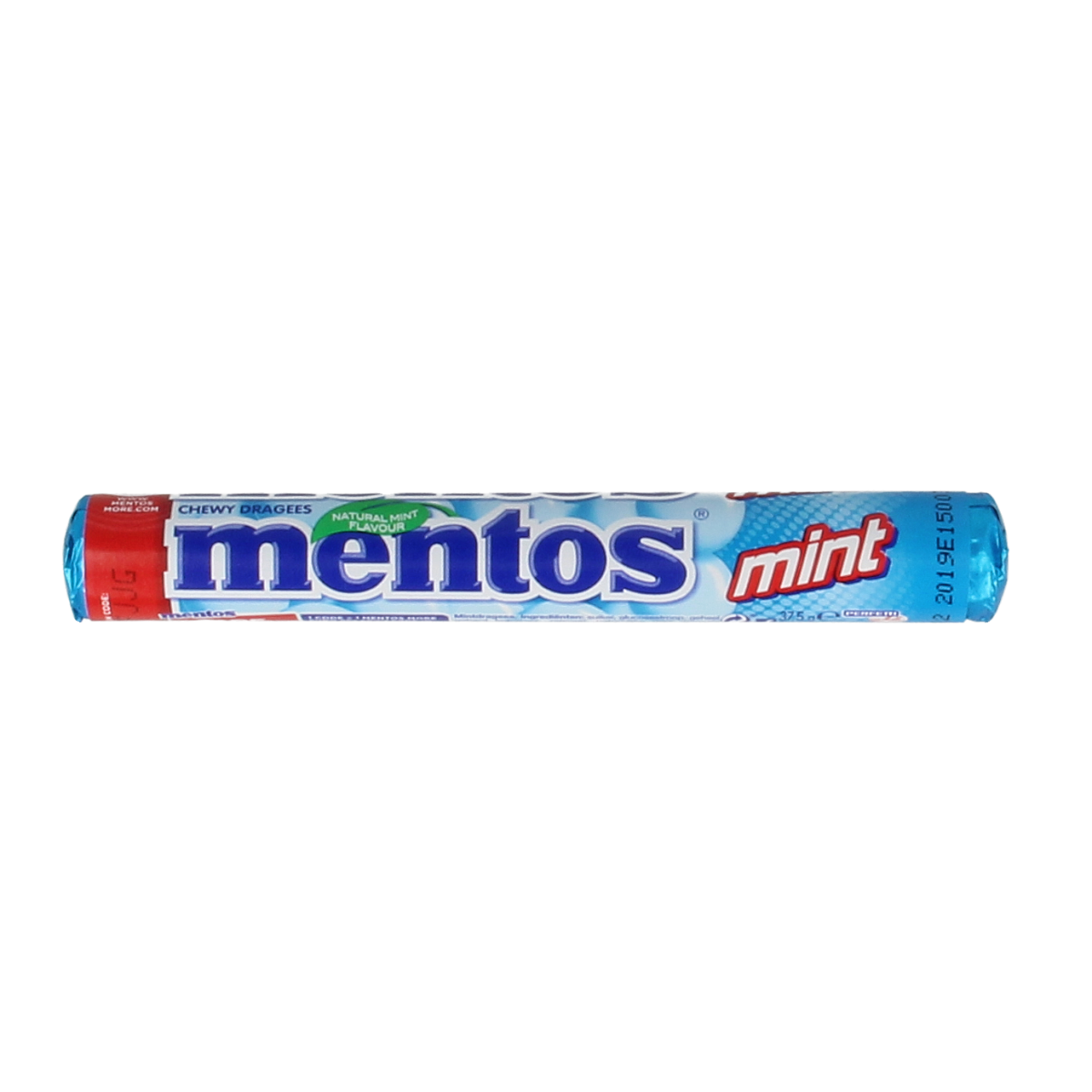 Mentos Mint candy roll, soft chewy mints in a clear plastic package, branded Mentos, on a plain background.