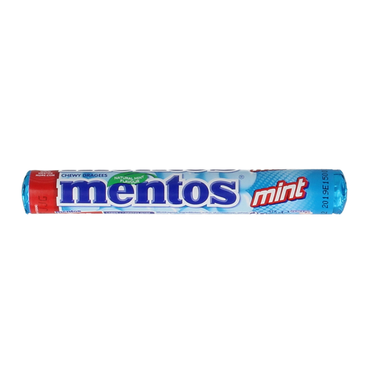 Mentos Mint candy roll, soft chewy mints in a clear plastic package, branded Mentos, on a plain background.