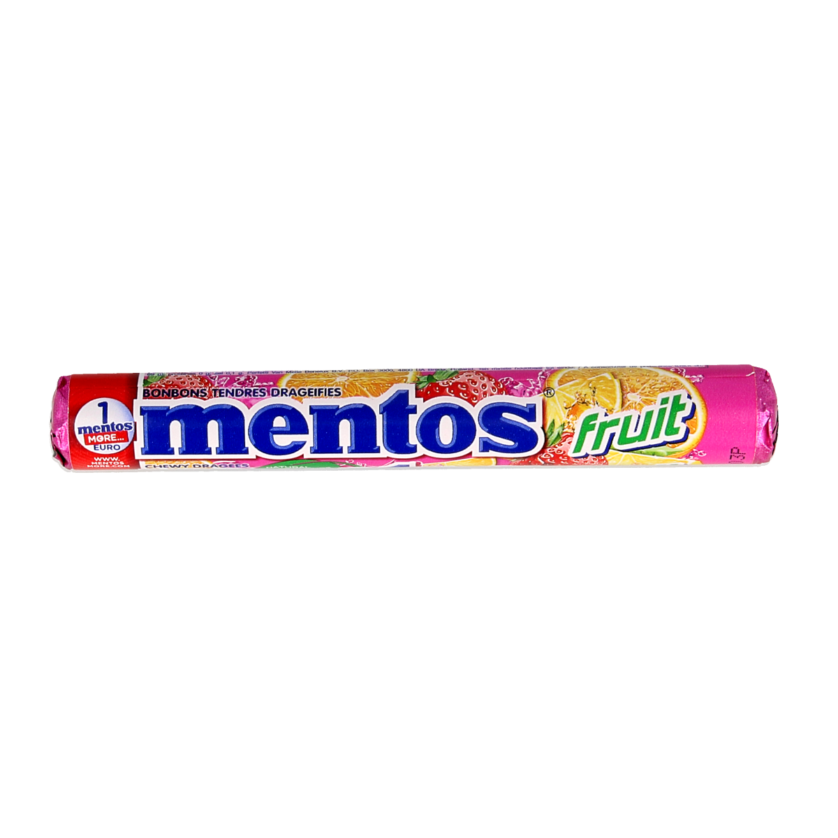 Mentos Fruit candy roll featuring colorful fruit-flavored chewy candies in a clear plastic wrapper, branded Mentos.