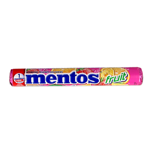 Mentos Fruit candy roll featuring colorful fruit-flavored chewy candies in a clear plastic wrapper, branded Mentos.